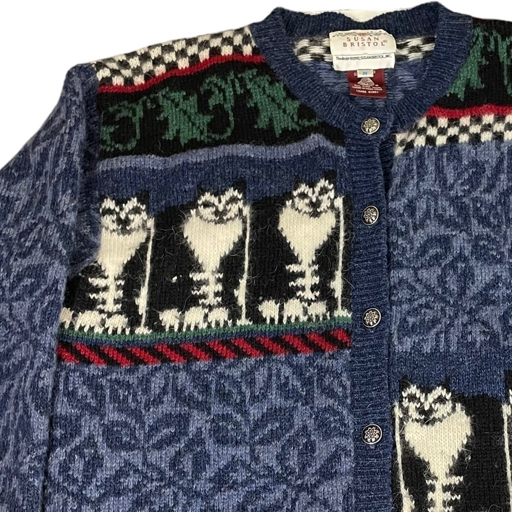 Vintage 90s Susan Bristol Pure Wool Cat Cardigan Sweater Medium - Picture 5 of 13